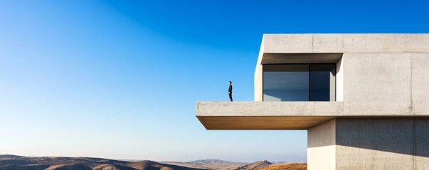 Solitary Contemplation Lone figure on a cantilevered concrete balcony overlooks vast desert under clear sky. A blend of modern design and natural grandeur, minimalism, architecture