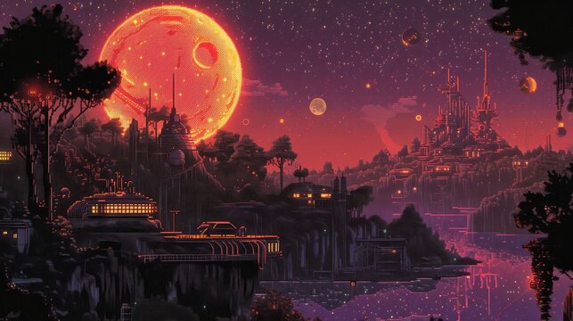 Futuristic pixel-art city under a glowing red planet