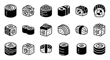Sushi, sushi rolls, Japanese food, black and white icons, vector graphics © John
