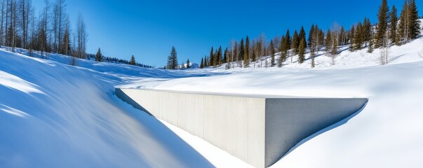 Stark concrete geometry meets soft snow in a serene winter valley under a brilliant blue sky, a minimalist architectural intervention amidst a natural, tranquil scene. Modernism,