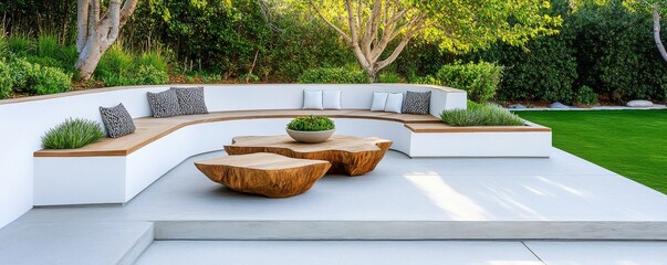 Sunny Modern Patio Curved built-in white bench, natural organic wood tables and integrated greenery on a sleek concrete surface, blending with lush garden. Outdoor Living, Landscape