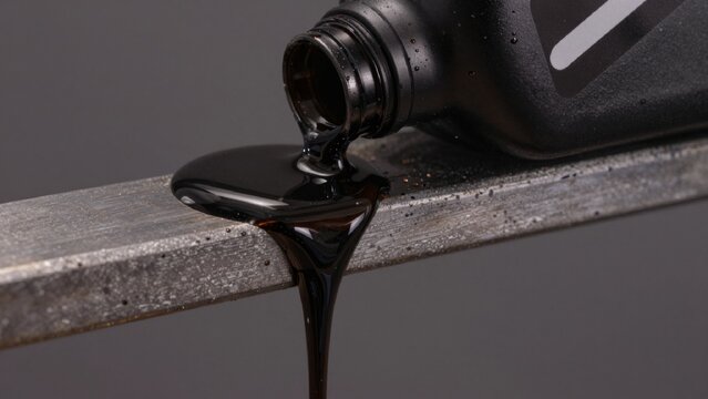 High-resolution taken close-up perspective focusing drips dark glossy syrup dripping black plastic bottle conc