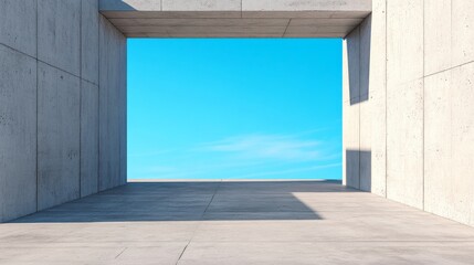 Symmetrical concrete corridor framing a vibrant blue sky with wispy clouds, sharp shadows emphasizing minimalist architecture and an open concept. Geometric, Brutalist