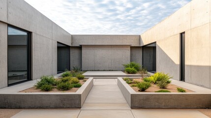 Fototapeta premium Symmetrical concrete courtyard, minimalist desert garden path, clean lines, large black-framed windows. Modern brutalist aesthetic, tranquil indoor-outdoor space. Architecture,