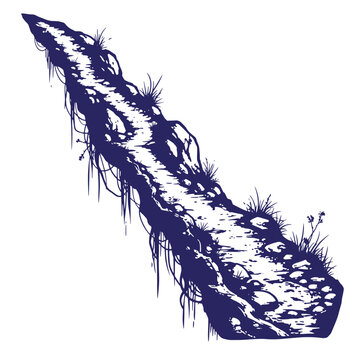 Dark blue ink of a narrow rocky mountain path winding upwards with tufts of grass and hanging vines on a white background