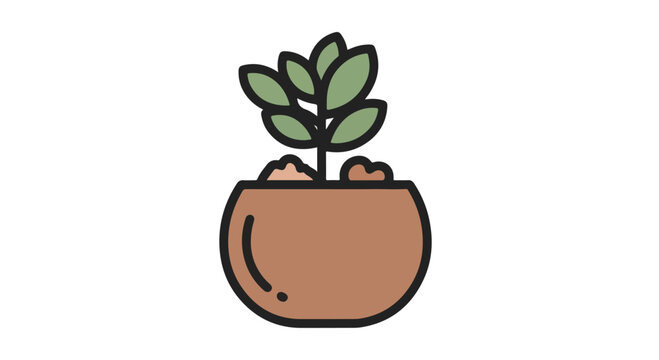 A simple cartoon illustration of a small green plant growing in a brown pot on a white background.