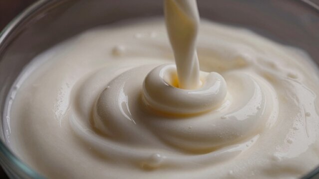 Close-up creamy white substance likely whipped cream small glass bowl texture smooth slight sheen indicating h