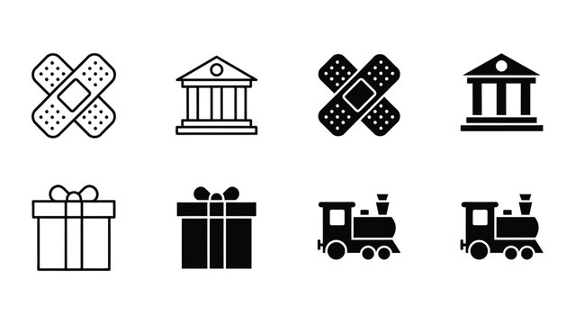 Contrasting icons showing medical, architecture, gifts, and transportation themes