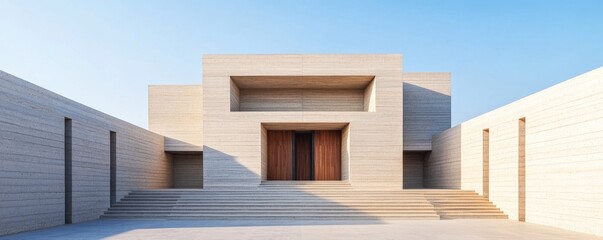 Obraz premium Symmetrical modern minimalist architecture a grand geometric concrete structure with recessed wood doors, bathed in sunlight, highlighting textures and dramatic shadows. Architecture,