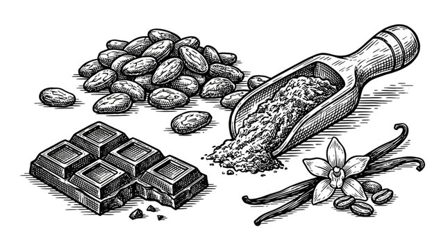 A detailed illustration showcasing the raw ingredients and finished product of chocolate, including cocoa beans, cocoa powder, vanilla pods, and a bar of chocolate.