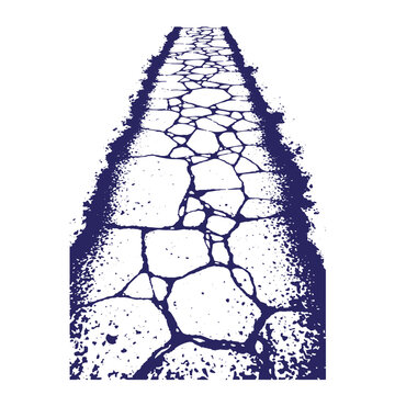 Dark blue ink of a stone paved path receding into the distance with rough textured edges and irregular cracked flagstone shapes on a white background