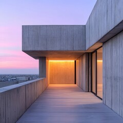 Twilight Concrete Passage A brutalist balcony's strong lines and warm internal light meet a vibrant pink-purple cityscape horizon, a study in modern contrasts., Brutalism, Dusk