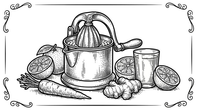 Vintage manual citrus juicer with fresh oranges, carrots, ginger, and a glass of juice, rendered in a detailed black and white engraving style.