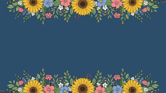 Vibrant sunflower and mixed wildflower borders on a dark blue background for rustic and country style summer garden designs.