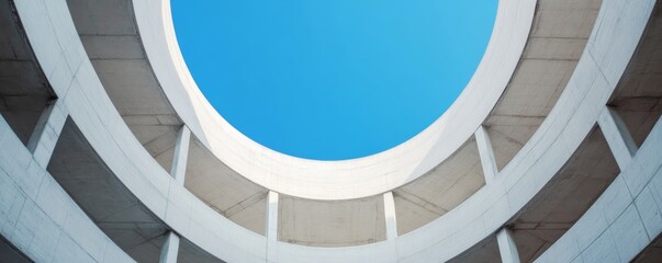 Upward view through a minimalist concrete spiral, framing an endless blue sky; a modern study in light, form and geometric ascent. ,brutalism,perspective