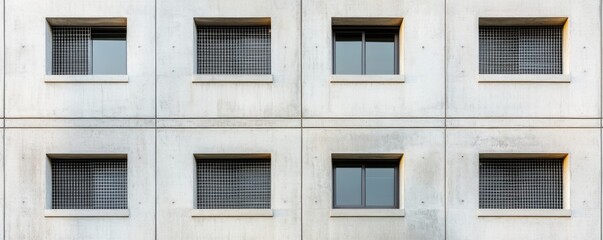 Fototapeta premium Urban Geometry Modern Concrete Facade with Symmetrical 2x4 Grid of Windows, some secured by Mesh, others open. Repetitive architectural pattern. Industrial, Abstract