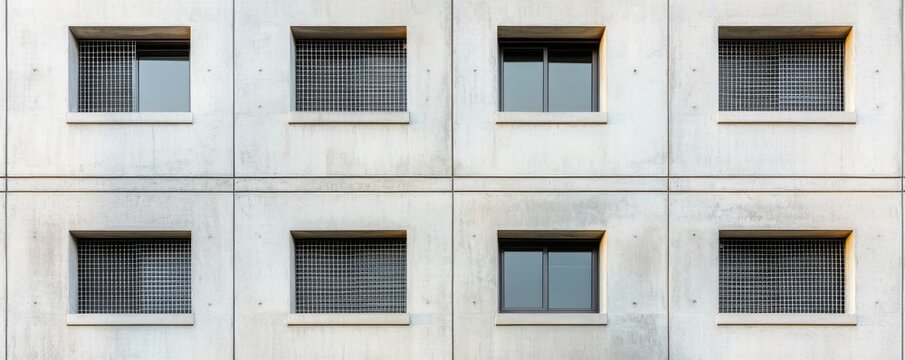 Urban Geometry Modern Concrete Facade with Symmetrical 2x4 Grid of Windows, some secured by Mesh, others open. Repetitive architectural pattern. Industrial, Abstract