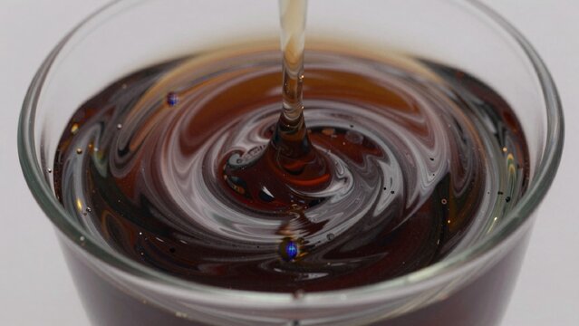 Close-up glass filled dark brown liquid which appears coffee tea has smooth glossy texture swirled circular pa