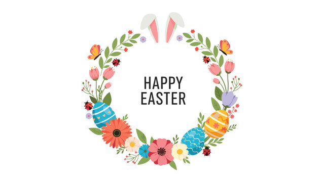 Colorful easter wreath with spring flowers eggs and ladybugs featuring happy easter text for festive holiday greeting cards.