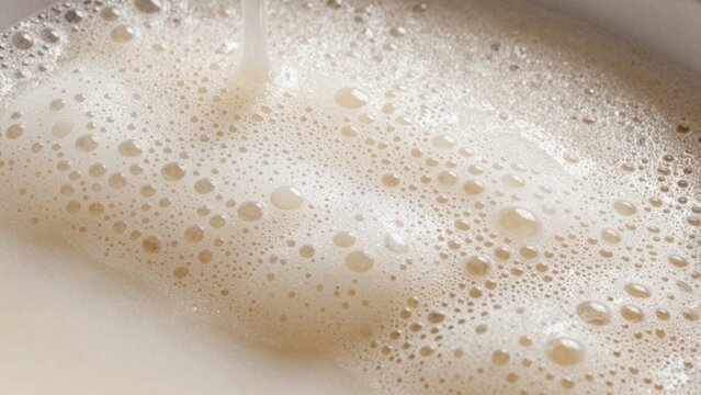 Close-up foamy mixture white bowl appears creamy light beige color small irregularly shaped bubbles scattered