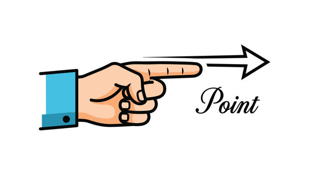 Human hand with index finger pointing to the right direction accompanied by a black arrow and decorative script text saying point.