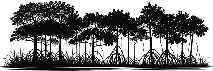 Mangrove Tree Silhouette Vector Illustration, Tropical Coastal Plant Black Shadow Design, Nature Wetland Forest Outline, Exotic Botanical Root Branch Element, Flat Style Graphic Art © GIBBI RWW