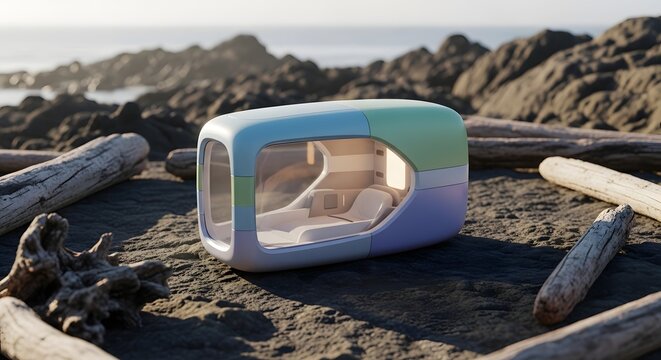 Futuristic Pod on Beach: Conceptual Design with Coastal Landscape