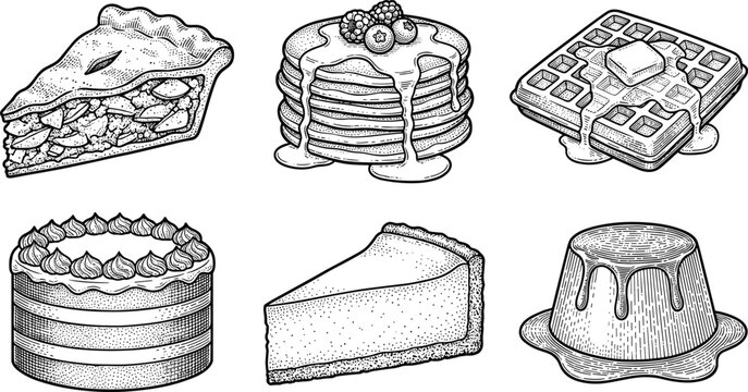 Cake Dessert Sketch Vector Set. Cake dessert vector set including pastry slice pancakes waffle and pudding detailed hand drawn food illustration