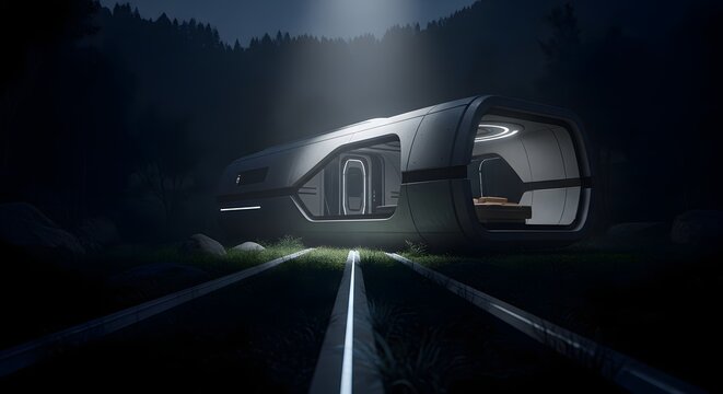Futuristic Pod Transport in Forest at Night