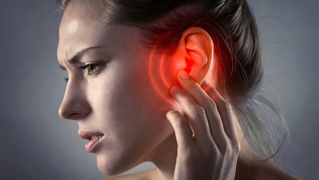 Tinnitus and internal ear pressure. Hearing loss and medical inflammation. Young woman experiencing loud ringing or buzzing in the ears with a red glow