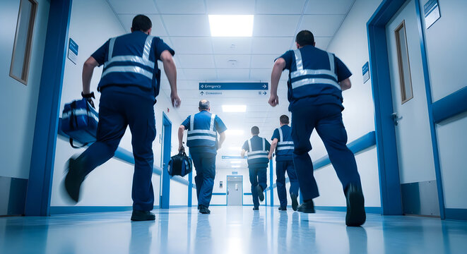 A team of emergency medical responders rushing through a brightly lit hospital corridor to save lives