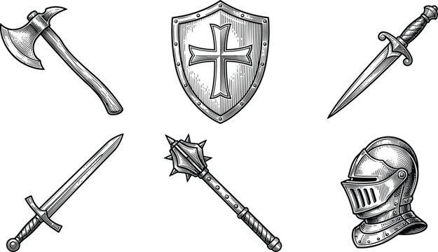 Medieval Weapons Armor Sketch Vector Set. Medieval weapons armor sketch vector set including sword shield axe mace and helmet detailed hand drawn illustration