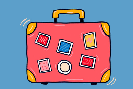 Colorful suitcase icon with travel stickers