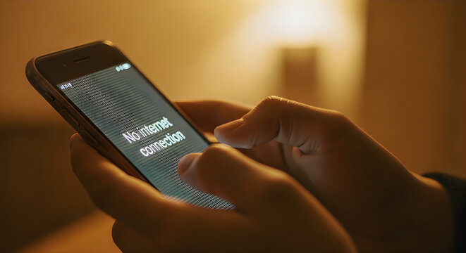 A close up of a person holding a smartphone showing a no internet connection error on the screen