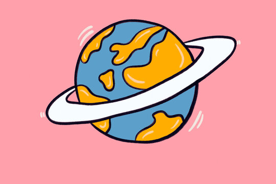 Colorful planet with ring illustration on pink background