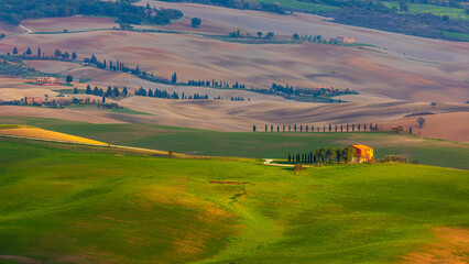 Fototapeta premium Tuscan countryside with farmhouse, cypress trees, rolling hills and fields, Tuscany, San Quirico,d Orcia Italy.