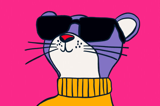 Cartoon cat wearing sunglasses in a colorful design