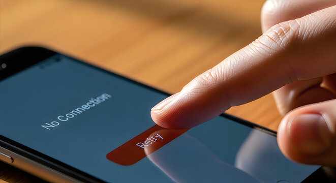 A close up view of a finger pressing the retry button on a smartphone with no internet connection