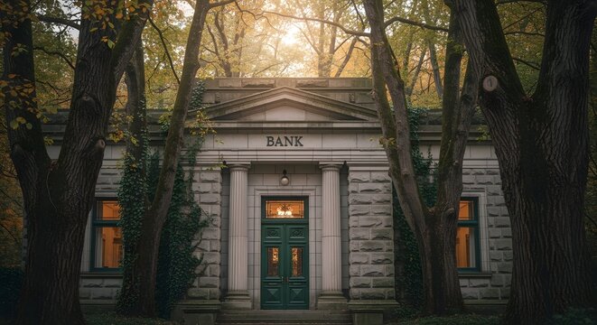 Old Bank Building in Autumn Forest