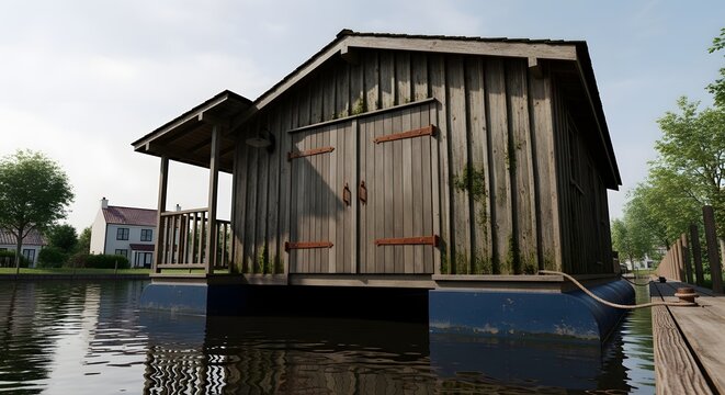 Rustic Wooden Boathouse on Calm Water