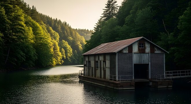 Rustic Lakeside Boathouse at Sunset, Serene Nature Scene