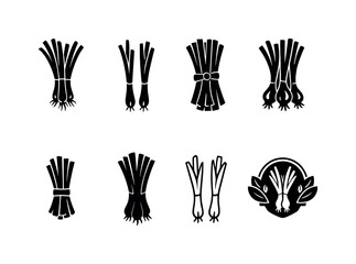 Fototapeta premium Fresh scallions line art set. Filled icon set of Fresh scallions line art set: green onion bunch with roots,