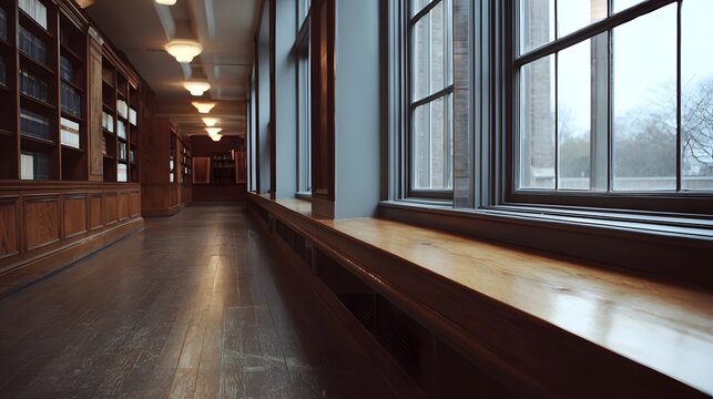 A long quiet library hallway with towering wooden bookshelves and large