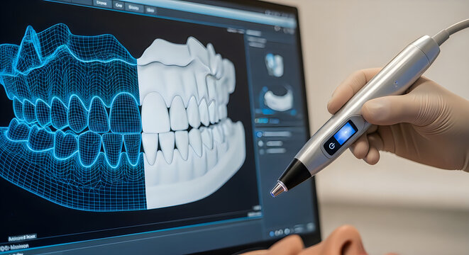 A dentist using a high tech intraoral scanner to create a 3d digital model of a patient's teeth