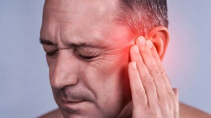 Fototapeta premium Chronic migraine and referred ear pain symptoms. Temporal arteritis and tension headache. Senior man pressing his temple and ear in distress with a red inflammatory glow
