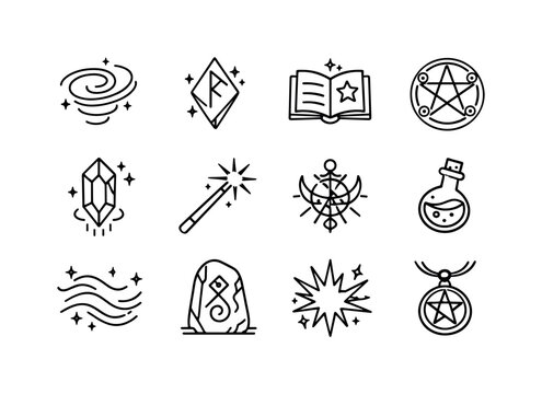 Enchantments. Line outline icon set of Enchantments: magic spell swirl, glowing rune symbol, enchanted book,