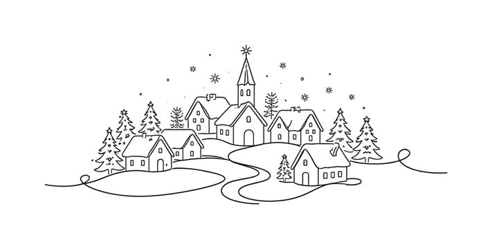 Festive Winter Display. Minimalistic one-line drawing miniature village with rooftops, pathways, and soft