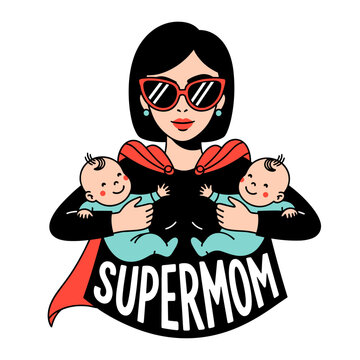 Supermom Illustration, Mother in Superhero Cape Holding Twin Babies Cartoon Doodle, Funny Mother's Day Sketch