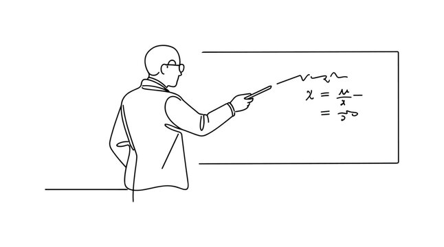 Math instruction. Minimalistic one-line drawing teacher explaining equations on a simple board with attentive