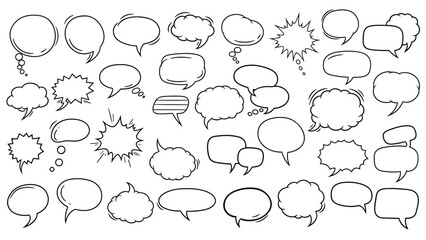 Fototapeta premium Diverse set of hand drawn speech bubbles and thought clouds in various shapes and sizes for comic book and design projects.